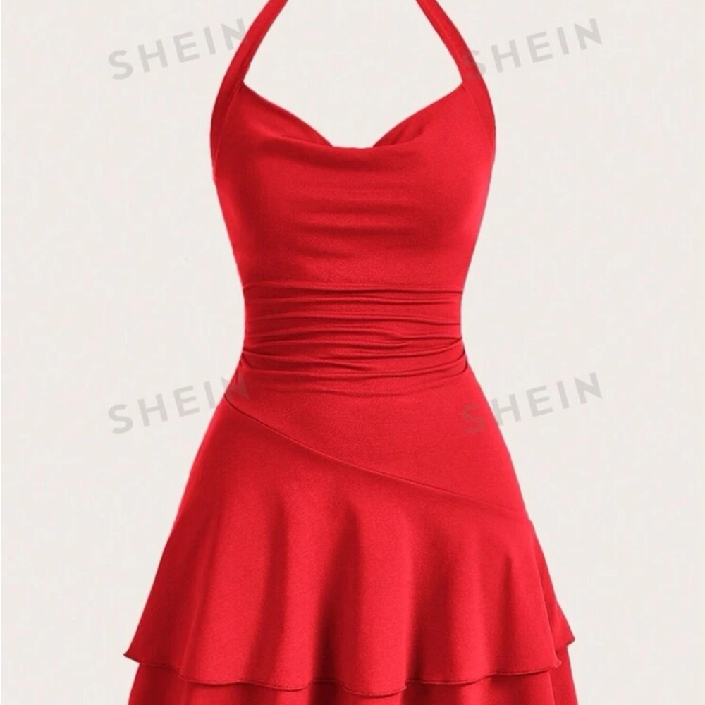 SHEIN. Halter Neck Double Layer Slim Fit Red Dress